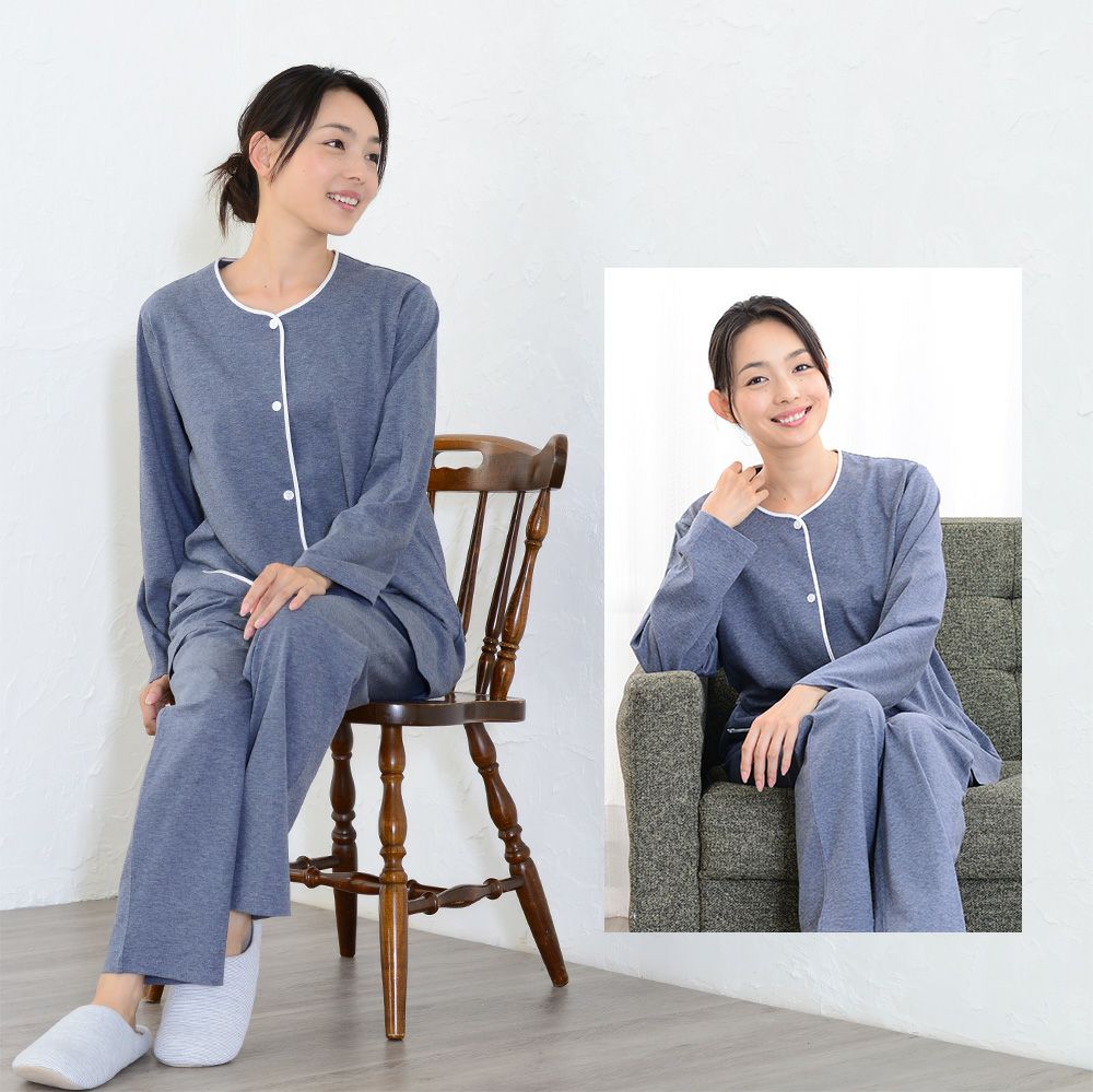 レディース パジャマ 長袖 前開き 衿なし オーガニックコットン100