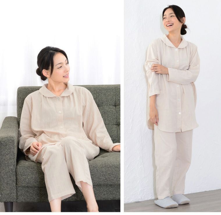 20％OFF セール対象】レディース パジャマ 長袖 前開き 衿付き 綿100