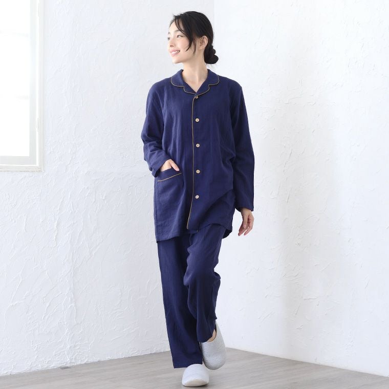 ★パジャマ工房★オーガニックコットン パジャマ ／ネイビー メンズ / レディース パジャマ 長袖 前開き テーラーカラー 綿100％二