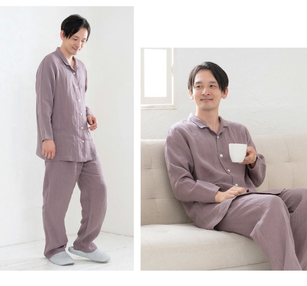 メンズ パジャマ 長袖 前開き 衿付き 麻100％(フレンチリネン) 0511
