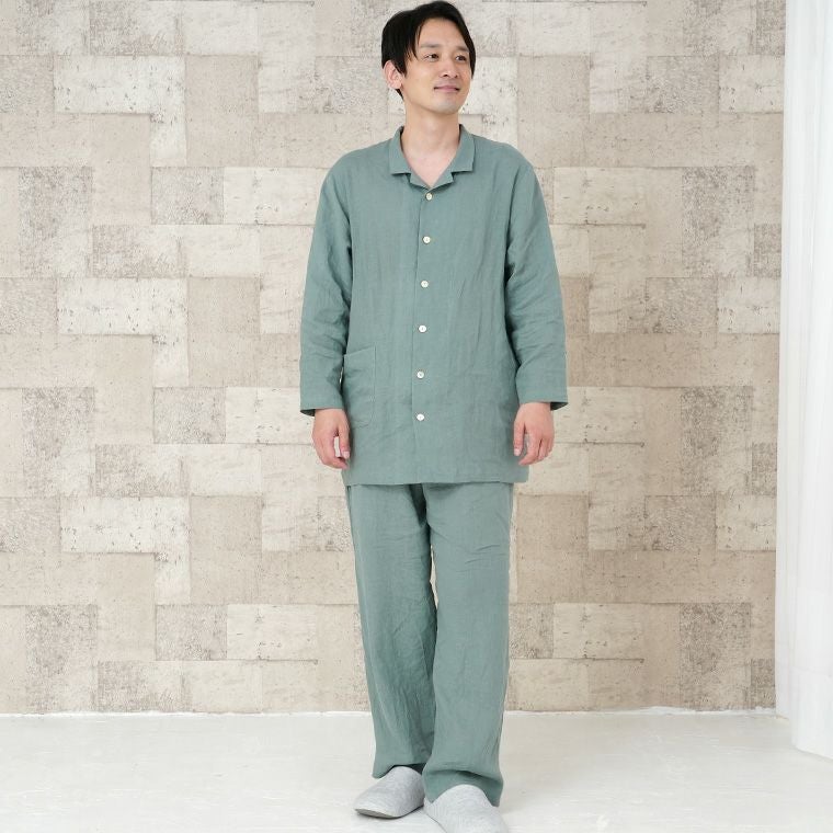 メンズ パジャマ 長袖 前開き 衿付き 麻100％(フレンチリネン) 0511