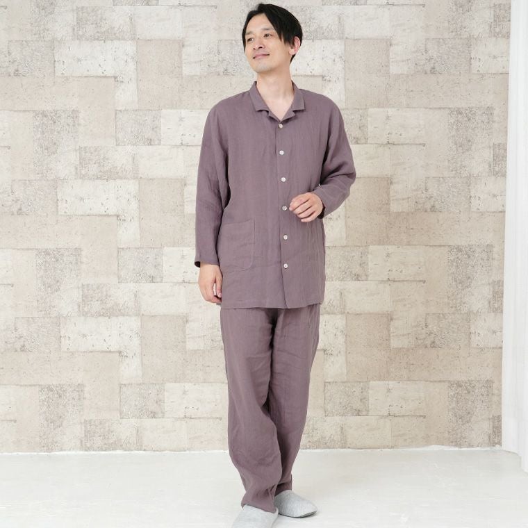メンズ パジャマ 長袖 前開き 衿付き 麻100％(フレンチリネン) 0511