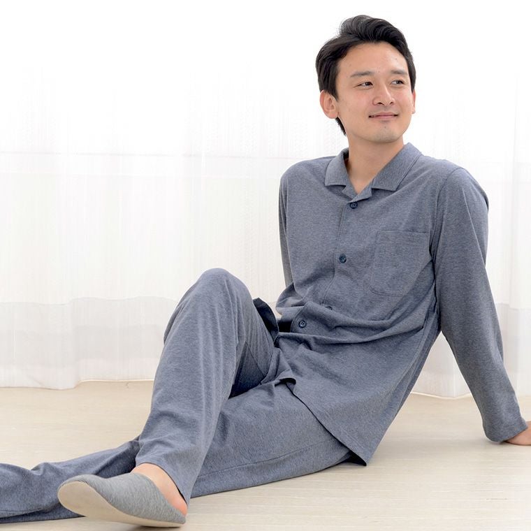 メンズ パジャマ 長袖 前開き テーラーカラー オーガニックコットン100