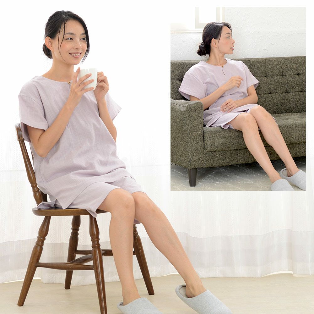 レディース パジャマ 半袖 かぶり 丸首 綿100％二重ガーゼ(ダブル