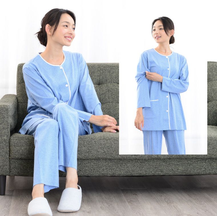 レディース パジャマ 長袖 前開き 衿なし オーガニックコットン100％中