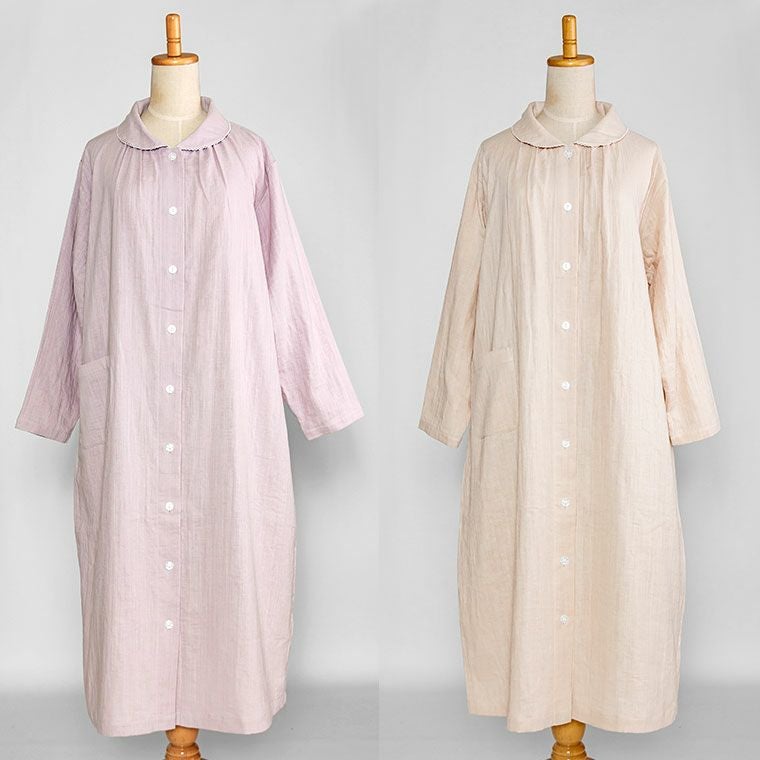 20％OFF セール対象】レディース ネグリジェ 長袖 前開き 衿付き 綿100